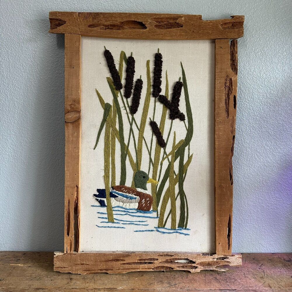 Huge Framed Mallard Duck Vintage Crewel Embroidery Wall Art Lake Cabin 28x37 XL